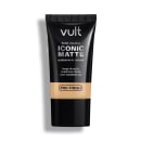 Bisnaga preta da marca Vult contendo Base Líquida Iconic Matte com acabamento natural, longa duração e cobertura média, sem transferência e com Tecnologia Pro-Finish.
