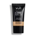Bisnaga preta da marca Vult contendo Base Líquida Iconic Matte com acabamento natural, longa duração e cobertura média, sem transferência e com Tecnologia Pro-Finish.
