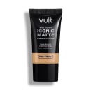 Bisnaga preta da marca Vult contendo Base Líquida Iconic Matte com acabamento natural, longa duração e cobertura média, sem transferência e com Tecnologia Pro-Finish.
