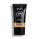 Bisnaga preta da marca Vult contendo Base Líquida Iconic Matte com acabamento natural, longa duração e cobertura média, sem transferência e com Tecnologia Pro-Finish.
