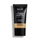 Bisnaga preta da marca Vult contendo Base Líquida Iconic Matte com acabamento natural, longa duração e cobertura média, sem transferência e com Tecnologia Pro-Finish.
