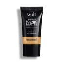 Bisnaga preta da marca Vult contendo Base Líquida Iconic Matte com acabamento natural, longa duração e cobertura média, sem transferência e com Tecnologia Pro-Finish.
