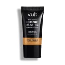 Bisnaga preta da marca Vult contendo Base Líquida Iconic Matte com acabamento natural, longa duração e cobertura média, sem transferência e com Tecnologia Pro-Finish.
