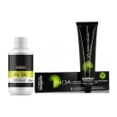 Produtos de coloração da linha Inoa da L'Oréal Professionnel, incluindo um frasco de oxidante, uma caixa de coloração e um tubo de coloração em embalagens pretas e verdes.
