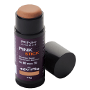 O produto é um protetor solar em bastão da marca Pink Cheeks, com embalagem preta e roxo, contendo informações sobre o FPS 90 e FPUVA 70, além da cor 42km Rio.