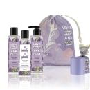 Kit Love, Beauty and Planet - Shampoo + Condicionador Smooth and Serene + Sabonete Relaxing Rain + Saco de pano + Vela perfumada roxa