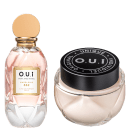 O frasco maior possui um rótulo com o texto "O.U.I. MADELEINE 862 EAU DE PARFUM PARIS" em letras douradas. O frasco menor possui uma trampa preto com o texto "O.U.I. ORIGINAL UNIQUE INDIVIDUEL" em branco. 