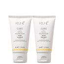 Dois frascos brancos da linha de produtos de cuidados capilares Keune Care Vital Nutrition Mask, com rótulos em branco e detalhes em amarelo, contendo 50 ml cada.