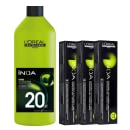 Produtos L'Oréal Professionnel: frasco verde de 1L do oxidante Inoa 20 vol e três caixas pretas do colorante Inoa. Embalagens com design moderno e informações técnicas sobre os produtos.