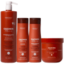 Conjunto de produtos Arvensis Cosméticos Naturais para cabelos cacheados e ondulados, incluindo ativador de cachos, shampoo, condicionador e máscara, em embalagens de plástico e metal com predominância de cores laranja e marrom.