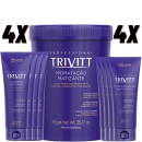 Conjunto de produtos para cabelos da marca Trivitt Professional da linha Italian Hairtech. Inclui um pote de máscara capilar de 1kg, quatro frascos de shampoo matizante violeta de 250ml cada, e quatro tubos de condicionador matizante violeta.