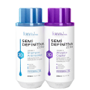 Dois frascos brancos da linha Semi Definitiva Zero da Forever Liss Professional, um com tampa azul e outro com tampa roxa. Rótulos indicam os passos 1 e 2 do tratamento, sendo o primeiro um shampoo antirresíduo e o segundo um ativador capilar.