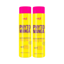 São dois frascos de shampoo e condicionador de 300ml cada, com embalagens cilíndricas amarelas e tampas rosa.