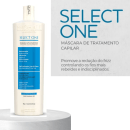Máscara capilar da linha Select One da marca Prohall Cosmetic. O rótulo destaca o nome "Select One" e menciona que se trata de uma "Máscara de Tratamento Capilar" com propriedades de reconstrução, hidratação e brilho intenso.