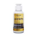 Produto de tratamento capilar Supreme da marca TreeLiss Profissional. Frasco plástico com tampa branca. Rótulo amarelo e preto com o nome "Supreme Banho de Verniz Recuperação & Hidratação" e informações sobre os ingredientes argan oil e macadâmia.