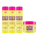 Conjunto de produtos Widi Care da linha Phyto Manga, incluindo shampoo, condicionador, finalizador e máscara, com embalagens em cores rosa e amarela destacando os ingredientes nutrientes.