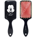 Apresenta a frente e o verso da escova Mickey Mouse. Uma escova tem um design liso com a imagem do Mickey Mouse em preto e branco na parte traseira. Possui vermelhas e amarelas em um padrão radial.