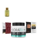 Kit com máscara de realinhamento BóraTX, reparador de pontas Argan e sachês, da marca Borabella.
