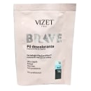 A imagem mostra o pó descolorante em embalagem plástica clara com detalhes impressos em preto, azul e verde.