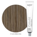 A imagem mostra um tonalizante em embalagem em tubo plástico branco com tampa cinza. Ao fundo uma amostra circular de cabelo na cor 7.1 Loiro Médio Cinza, exibindo o tom que o produto proporciona.