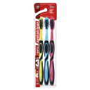 Conjunto de três escovas dentais com cabos coloridos em preto, azul e rosa. As cerdas são de cor preta e os cabos apresentam detalhes em amarelo, azul e rosa, respectivamente. O produto é embalado em um blister plástico transparente