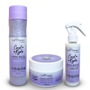 A imagem mostra a linha de produtos Fruit Therapy Collabs Carol Kyoko Hydra Matrix. Contém shampoo, máscara de spray de tratamento dispostos lado a lado em um fundo branco.