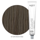 A imagem mostra um tonalizante em embalagem em tubo plástico branco com tampa cinza. Ao fundo uma amostra circular de cabelo na cor 6.1 Loiro Escuro Cinza, exibindo o tom que o produto proporciona.