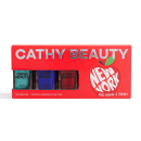 Conjunto de 3 esmaltes da marca Cathy Beauty, em embalagem vermelha com texto em branco, contendo 3 frascos de 9ml cada, nas cores azul, verde e vermelho brilhante.