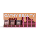 Kit de esmaltes Cathy Beauty com 3 unidades de 9ml cada, em embalagem laranja com texto branco "CATHY BEAUTY" e detalhes em rosa e marrom.