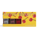 Conjunto de esmaltes Cathy Beauty "Dancing Queen Trio" com 3 frascos de 9ml cada, em embalagem amarela com desenhos de cereja vermelha e texto "Cathy Beauty".