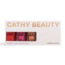 Kit de esmaltes Cathy Beauty contendo 3 frascos de 9ml cada, em embalagem branca com o texto "CATHY BEAUTY" em letras douradas. Os frascos possuem rótulos vermelhos com o nome da marca.