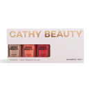 Conjunto de 3 esmaltes da marca Cathy Beauty, em frascos de 9ml cada, em embalagem branca com texto dourado "CATHY BEAUTY" e "sunshine TRIO".