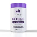 Produto de tratamento capilar da linha profissional HBeauty. Rótulo com o nome "Biomax Blond HBTOX Capilar" e descrições sobre redução de frizz, brilho e realinhamento dos fios. Enriquecido com proteína da seda, pantenol e vitamina E. Peso de 1kg