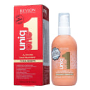 Dois produtos de tratamento capilar da linha Revlon Professional Uniq One. Uma caixa vermelha com detalhes em branco e bege, contendo um leave-in capilar "All in One" de 150ml. O outro é um frasco de 230ml rotulado como "All in One Curls Treatment".