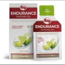 O produto Vitafor Endurance é um suplemento alimentar em gel com cafeína, apresentado em uma caixa vermelha e um sachê de 30g com sabor de limão, contendo um complexo de carboidratos e vitaminas.