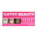 Conjunto de esmaltes Cathy Beauty, contendo 3 unidades de 9ml cada, em embalagem rosa com texto branco "CATHY BEAUTY" e "MALU BORGES excentric TRIO".