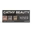 Kit de esmaltes Cathy Beauty com 3 unidades de 9ml cada, em embalagem preta com o nome da marca em letras brancas.