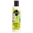 A imagem mostra o shampoo em embalagem plástica branca com tampa preta. Rótulo verde com imagens de abacate e azeitona.