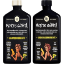 Dois frascos pretos da linha "Morte Súbita" da marca Lola From Rio, contendo shampoo hidratante e condicionador hidratante para cabelos danificados, com rótulos destacando os ingredientes e informações sobre o produto.