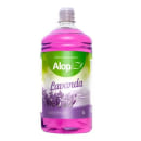Sabonete líquido de lavanda da marca Alop. Embalagem plástica transparente de 1 litro com tampa branca. Rótulo com o logotipo da marca Alop em verde, nome do produto "Lavanda" em letras roxas e imagem estilizada de um ramo de lavanda.
