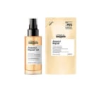 A imagem mostra dois produtos de L'Oréal Professionnel. Um é um óleo capilar em um frasco plástico cilíndrico com uma tampa preta. O outro produto é uma embalagem retangular de refil de shampoo.