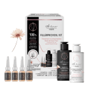 Um frasco branco de condicionador, um frasco preto de shampoo e 4 ampolas de tratamento.