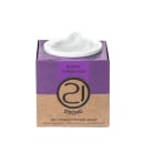 A imagem mostra um gel construtor para unhas. O produto em embalagem cúbica de papelão, com fundo bege e detalhes em preto. A parte superior é roxa com o nome do produto em letras pretas. No centro, há um pote branco com o gel branco.