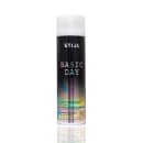 Shampoo uso diário da marca Stijl, linha Basic Day. Embalagem cilíndrica branca e preta com detalhes coloridos em degradê. Rótulo com texto "Basic Day" em letras grandes e informações adicionais como ingredientes (aveia, óleo de coco) e benefícios.