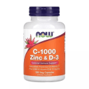 Este é um suplemento alimentar da marca Now Foods. O produto vem em uma embalagem plástica branca com tampa azul marinho. A embalagem contém 100 cápsulas vegetais. O rótulo laranja destaca que é um suplemento de vitamina C-1000, zinco e vitamina D-3