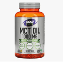 Este é um suplemento alimentar da marca Now Sports, contido em um frasco laranja transparente com tampa cinza. O rótulo indica que é um óleo de MCT 1000 mg. O rótulo destaca que é um produto termogênico e energético, voltado para o gerenciamento de peso