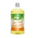 É um sabonete líquido da marca Alop  de 1 litro, com formato cilíndrico. A cor predominante é verde, com detalhes em amarelo e laranja. O rótulo exibe o texto "Sem Cheiro" e "Oleo Hidratante" em letras grandes.