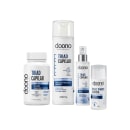 A imagem mostra um kit da linha com 4 produtos: vitamina, shampoo, tônico capilar e balm.