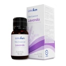 Óleo essencial de lavanda da marca Linhahum. O rótulo da caixa traz informações sobre o conteúdo, composição e outras características do óleo essencial de lavanda.
