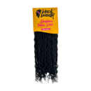Extensões de cabelo da marca Black Beauty. A embalagem é de cor amarela e contém o texto "Black Beauty Goddess Faux Locs" em letras vermelhas e pretas. O produto contém 300 gramas de extensões de cabelo preto encaracolado.